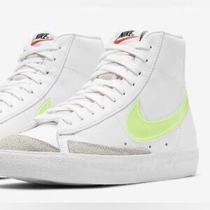 Nike Women's Blazer Mid 77 white/neon translucent swoosh.